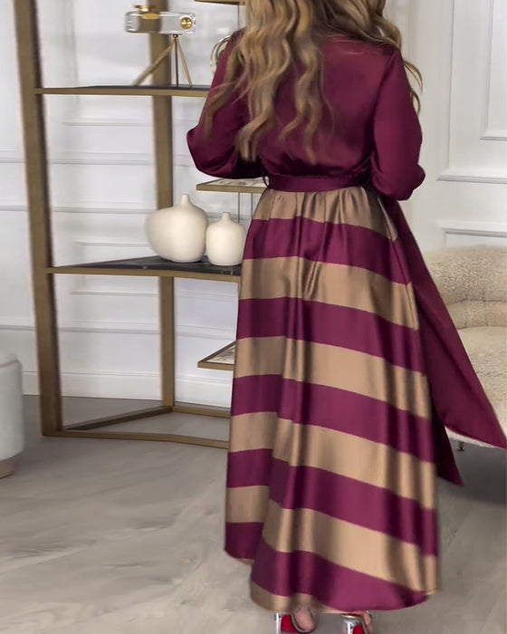 Elegant striped printed lapel strap dress