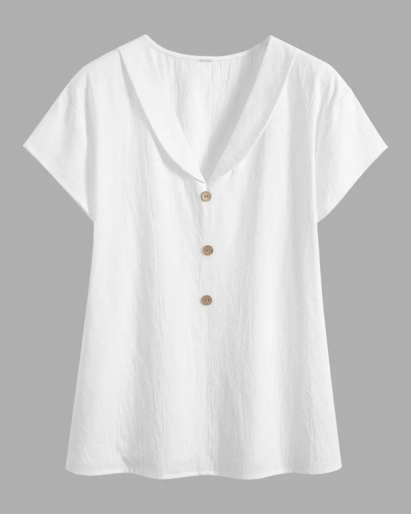Lapel Solid Color Button Short Sleeve Blouse