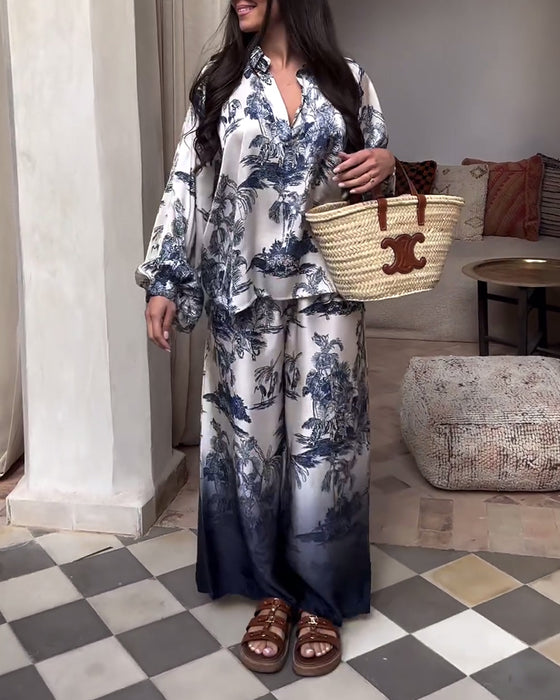 Plant gradient print lantern sleeve two-piece suit