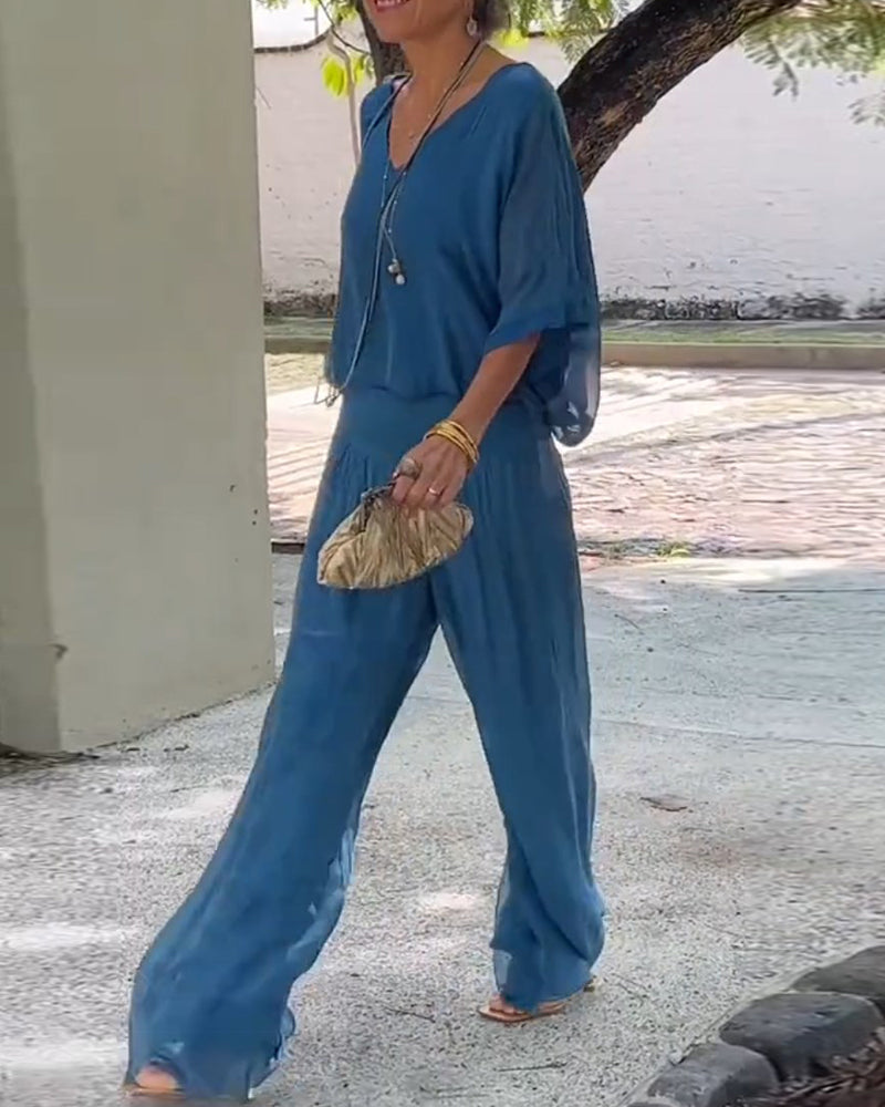 Solid color V-neck casual two-piece suit