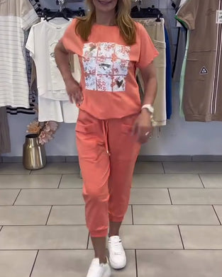 Casual Printed Cropped Pants Set