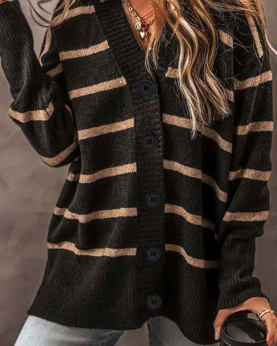 V-Neck Long-Sleeved Striped Cardigan