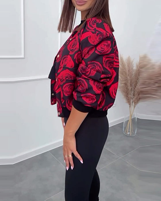 Rose print button casual jacket