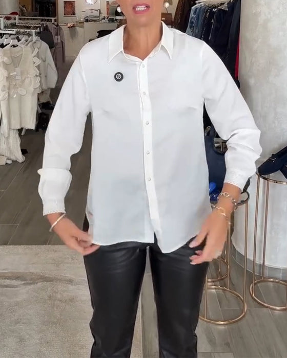 Solid Color Long-Sleeved Collared Shirt