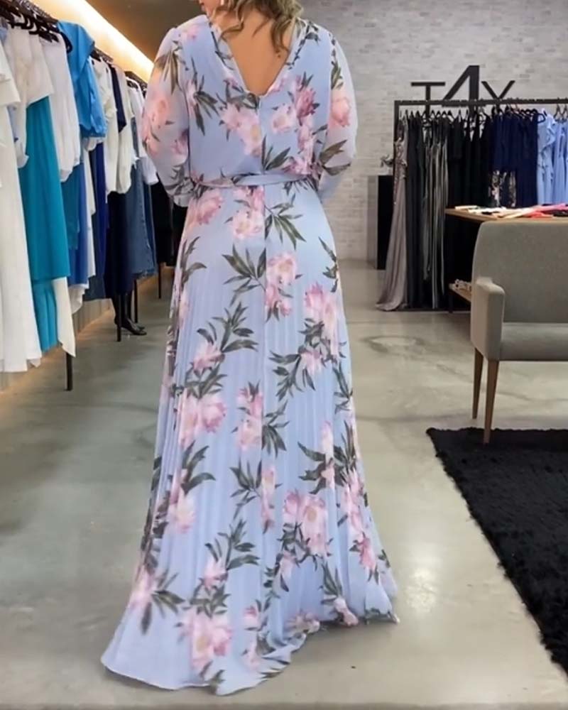 V-Neck Long Sleeve Floral Print Dress