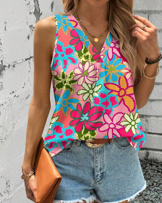 V-Neck Floral Print Sleeveless Vest
