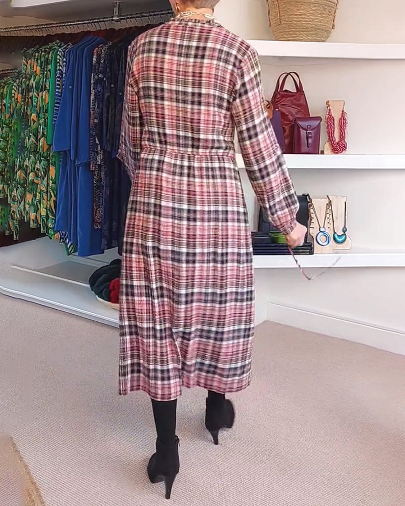 Long-Sleeved V-Neck Plaid Dress