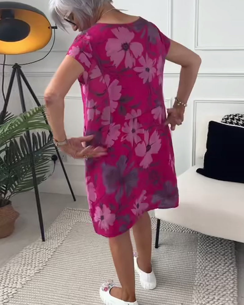 Casual floral print short-sleeve pockets loose dress