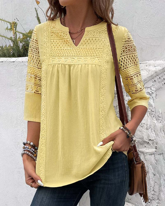 Hollow 3/4 sleeve solid color top