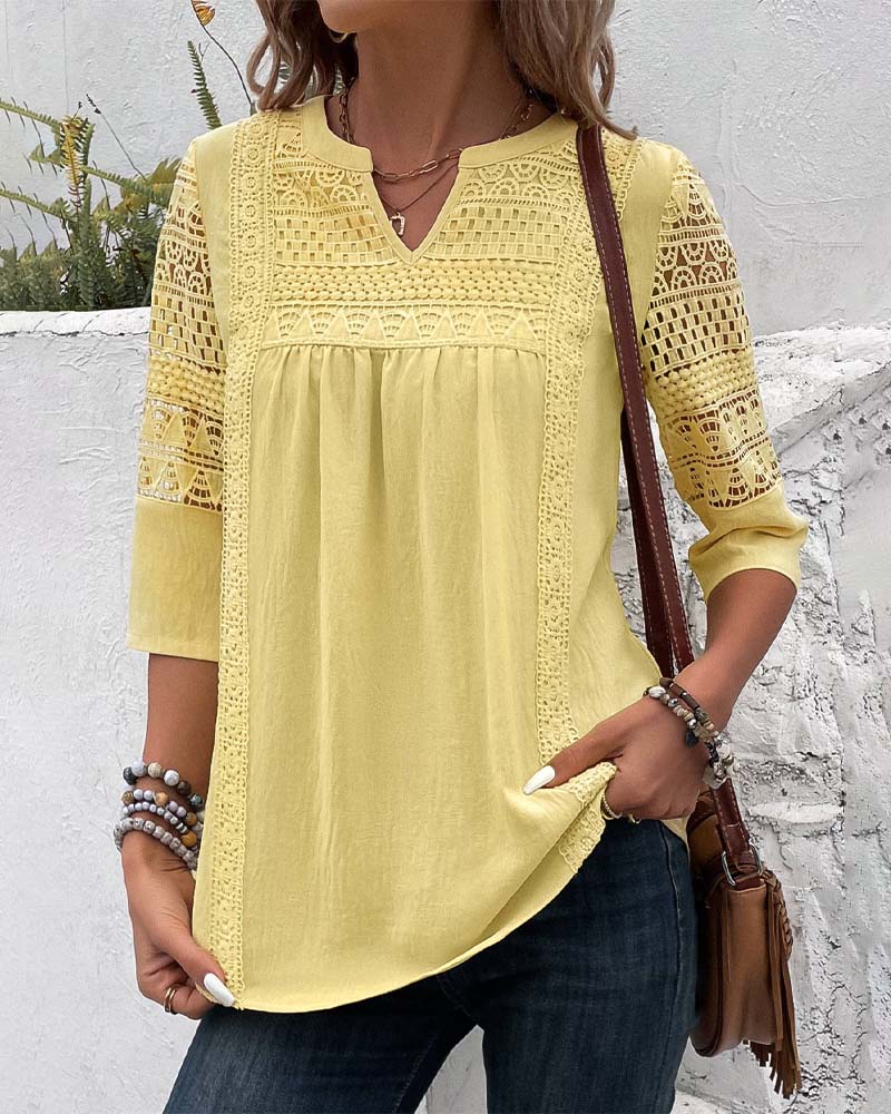 Hollow 3/4 sleeve solid color top
