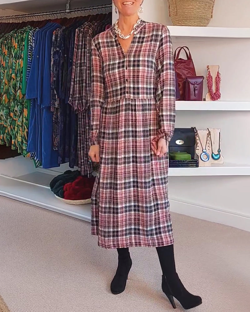 Long-Sleeved V-Neck Plaid Dress