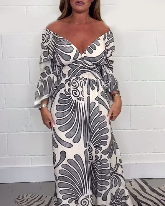 Deep V retro printed bell sleeve loose jumpsuit