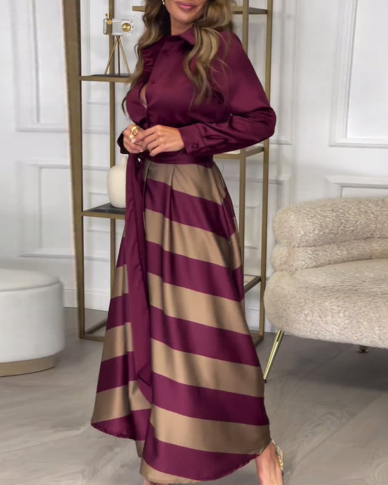 Elegant striped printed lapel strap dress