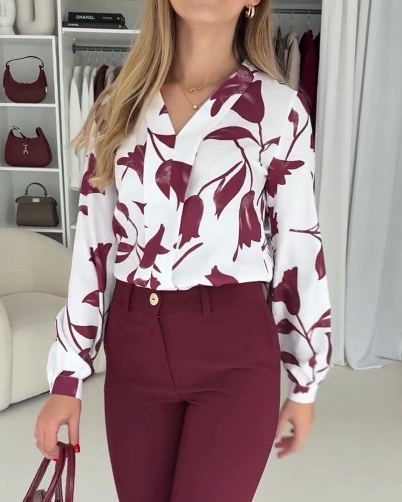 V-Neck Stylish Leaf Print Blouse