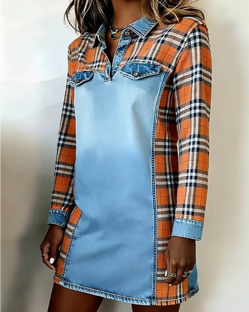 Plaid Contrast Lapel Dress