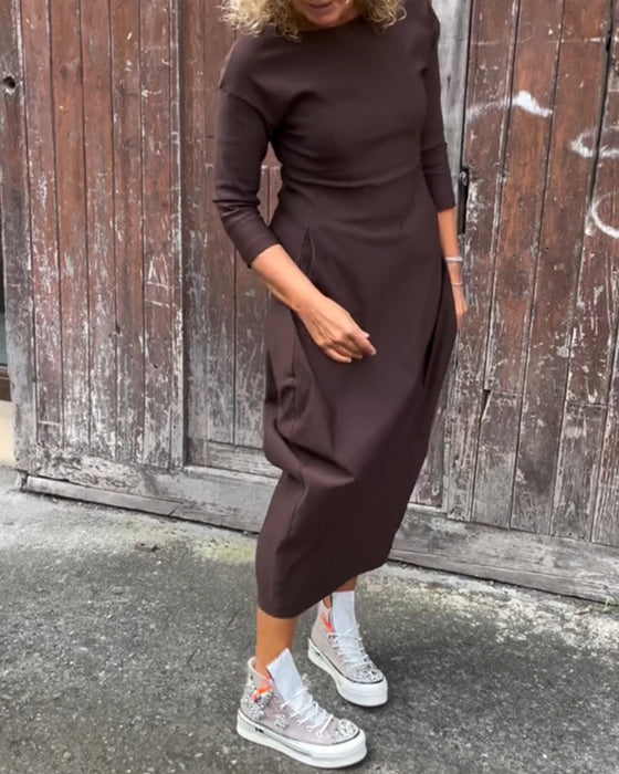 Simple solid color pocket long sleeve elegant dress