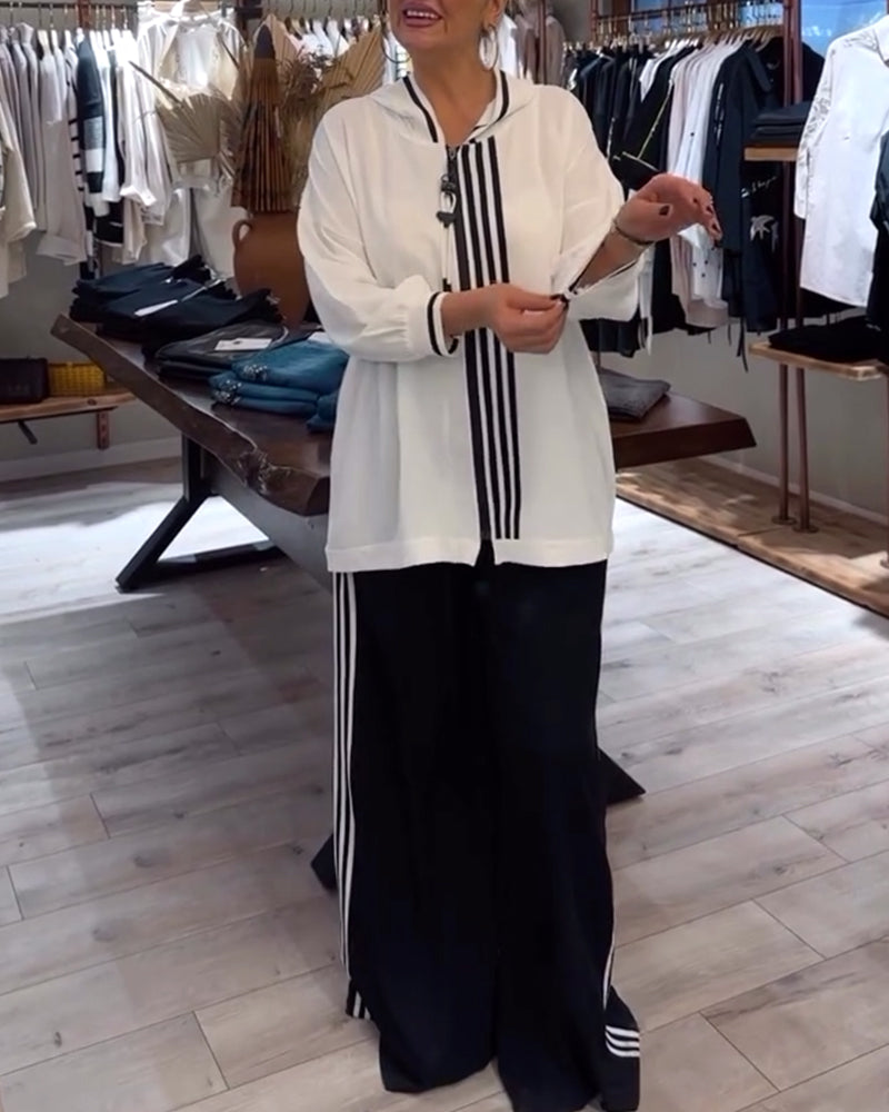 Hooded striped casual two-piece set