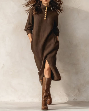 Buttoned Turtleneck Slit Hem Dress