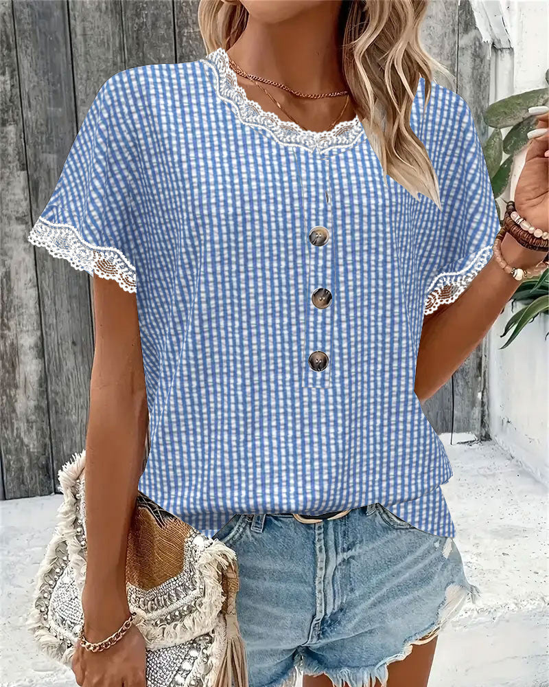 Round Neck Lace Patchwork Striped Blouse