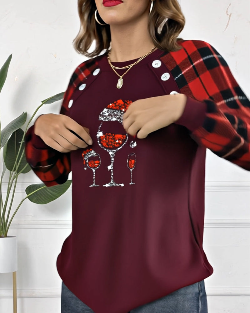 Wine Glass Printed Plaid Sweatshirt