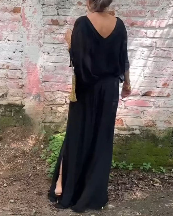 Solid color V-neck casual two-piece suit