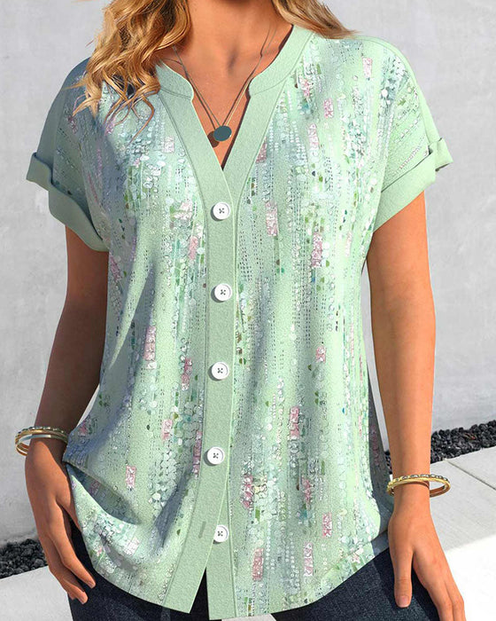 Button-up printed short-sleeved blouse
