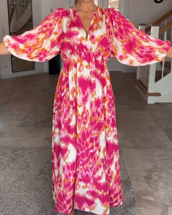 Fashion print v neck 3/4 sleeve dress