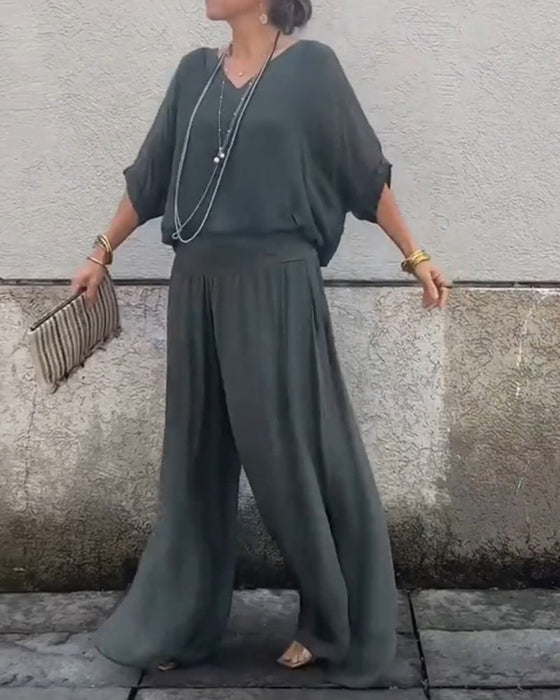 Solid color V-neck casual two-piece suit