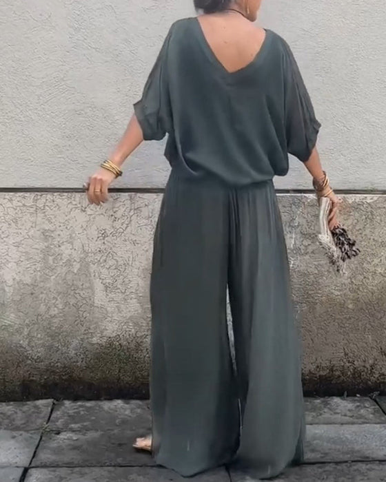 Solid color V-neck casual two-piece suit