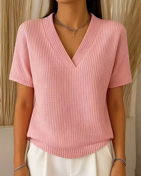 V Neck Solid Color Versatile Short Sleeve T Shirt