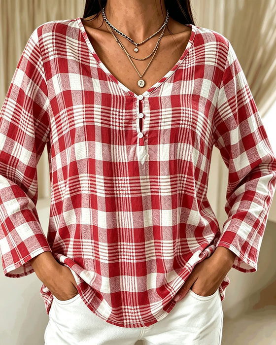 Stylish V-Neck Plaid Elbow-Length Sleeve Blouse