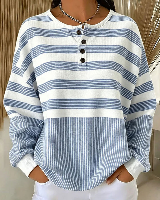 Stripe Henley Neck Long Sleeve Sweatshirt