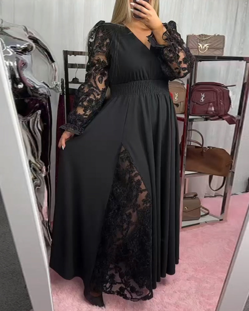 Lace Stitching V-Neck A Hem Dress