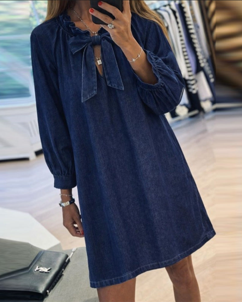Denim Bow-Tie Three-Quarter Sleeve Dress