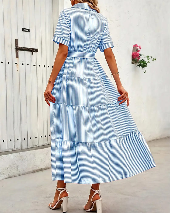 Striped Waist-Cinching Tiered Shirt Maxi Dress