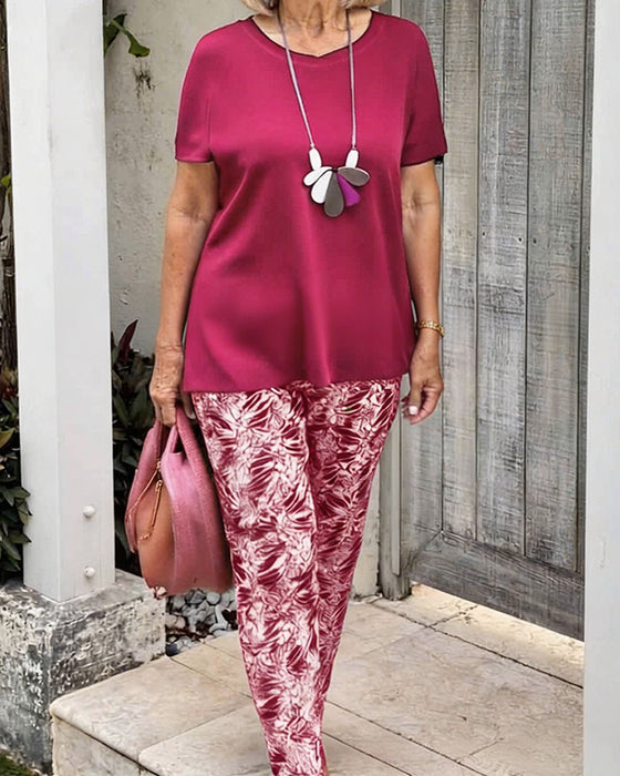 Solid Color Print Casual Set