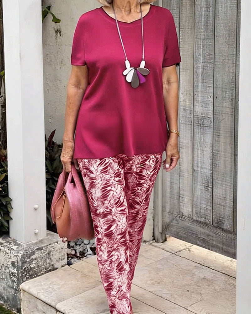 Solid Color Print Casual Set