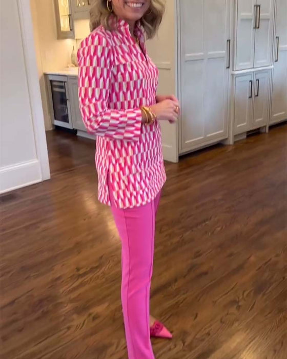 Printed stand collar nine-quarter sleeve top