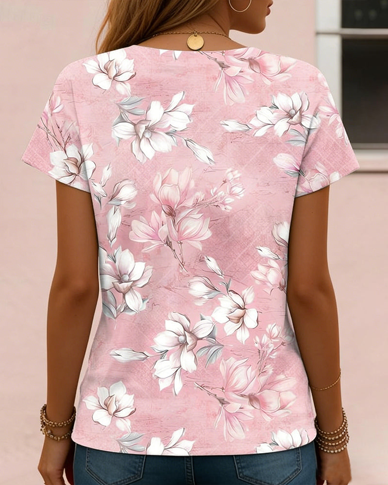 Short-Sleeved Round Neck Floral Print Top