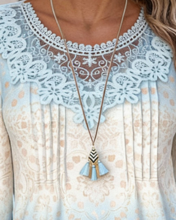 Long-Sleeved Patchwork Round Neck Printed Top