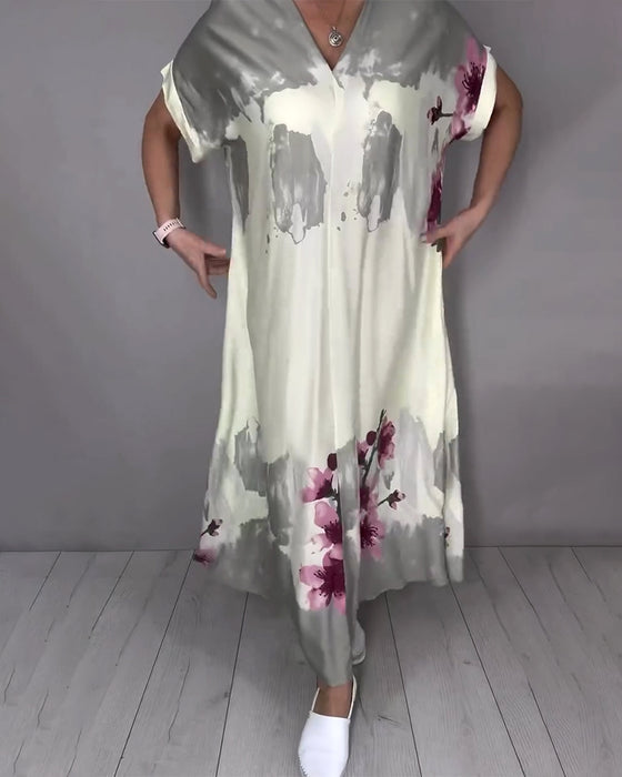 Ink Wash Peach Blossom V-Neck Maxi Dress