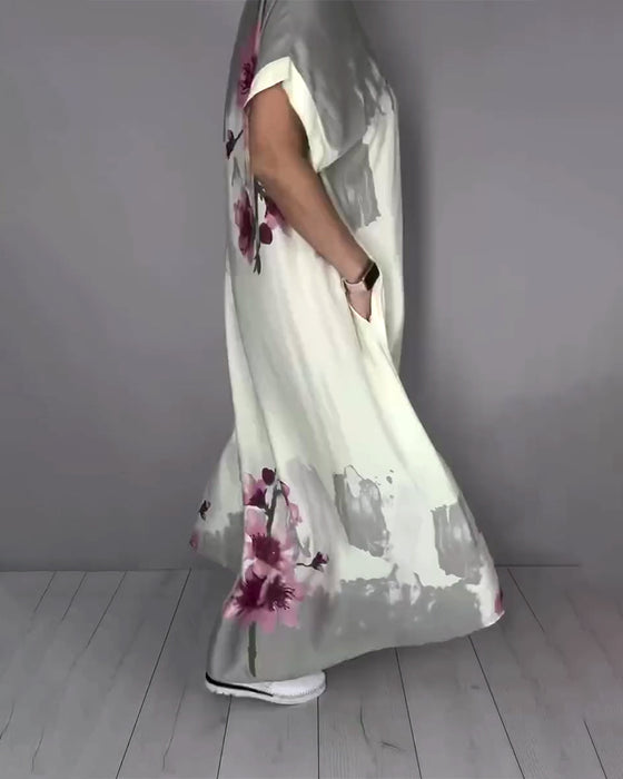 Ink Wash Peach Blossom V-Neck Maxi Dress