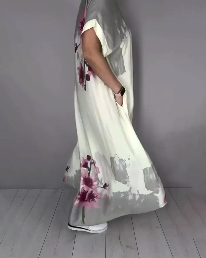 Ink Wash Peach Blossom V-Neck Maxi Dress