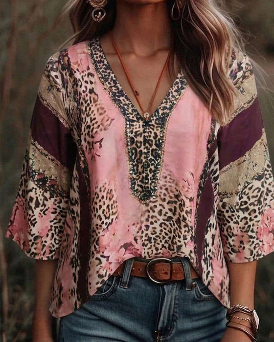 V-Neck Leopard Color-Block Blouse