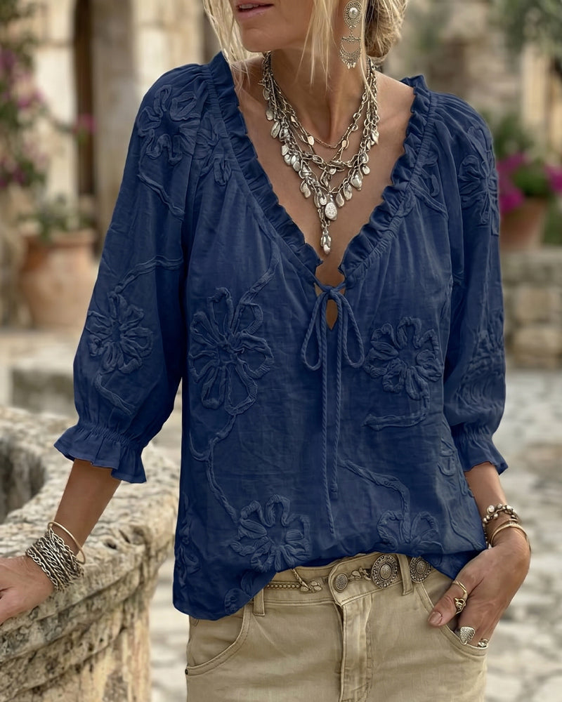 100% Cotton V-Neck Wrap Tie Ruffled Blouse