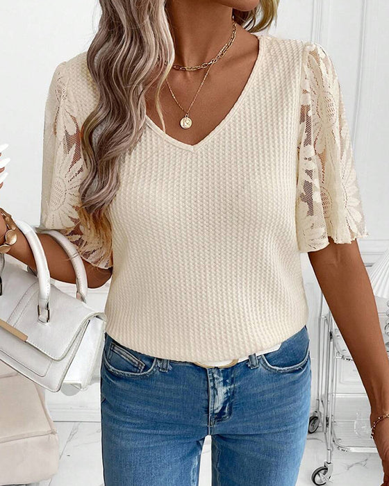 Lace Spliced Sleeve V-Neck Blouse