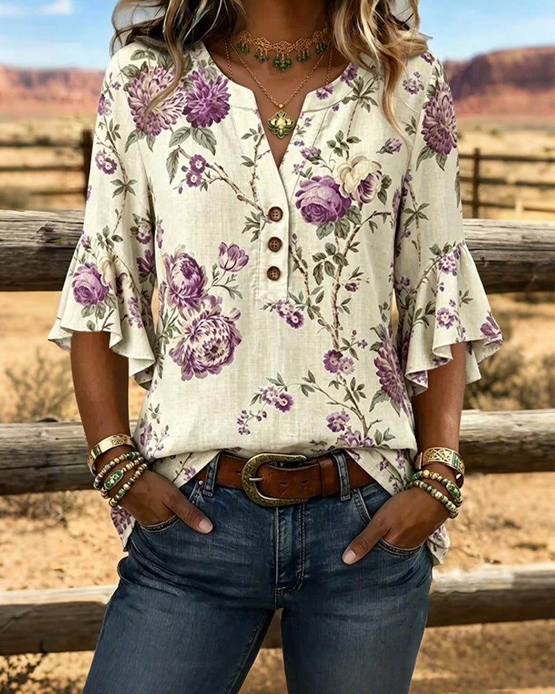Rose Print Bell Sleeve Blouse