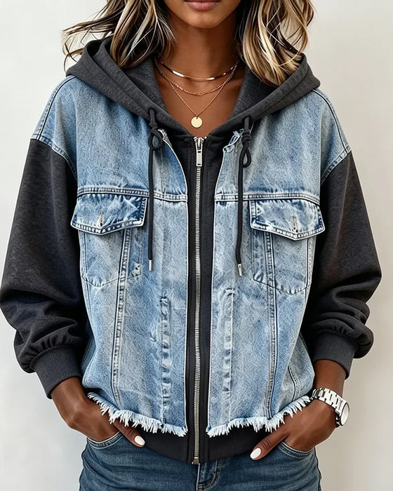 Denim Patchwork Hooded Sweatshirt Coat