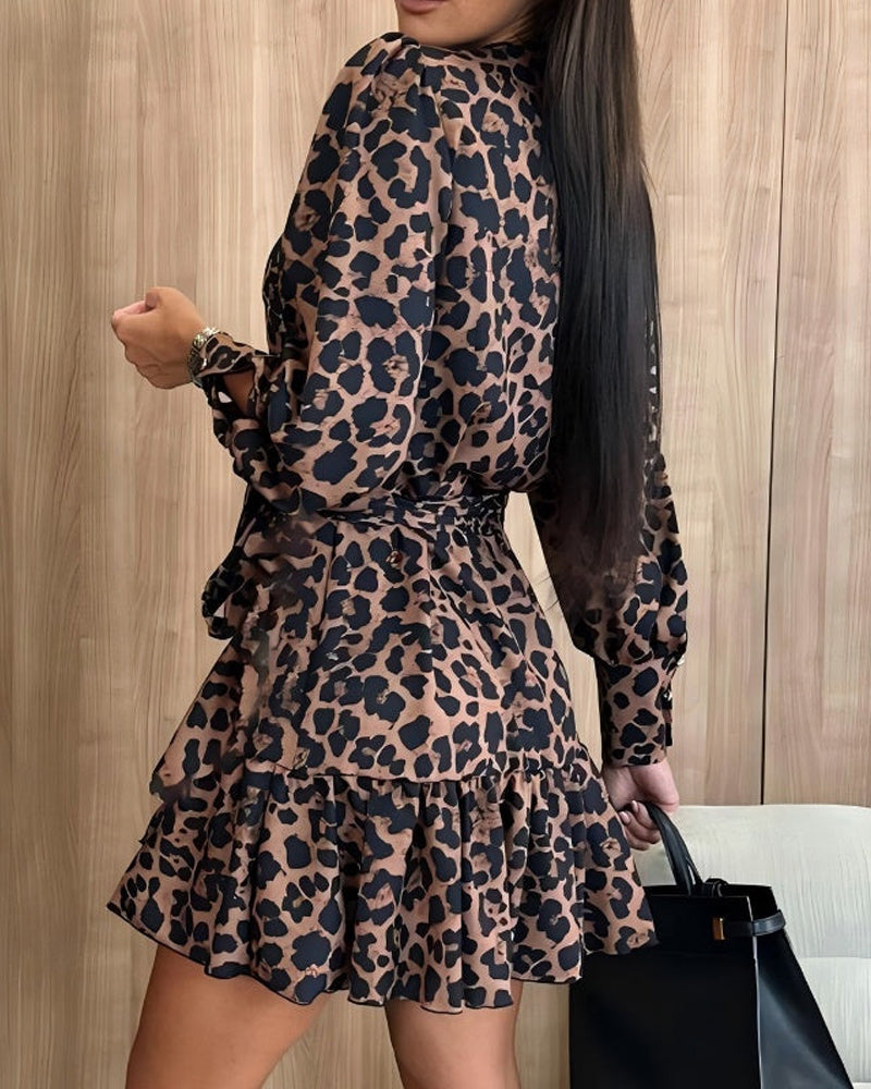 💖Black-Friday-Mega-Deal💖Leopard Print Wrap Dress With V-Neck And Waist Belt