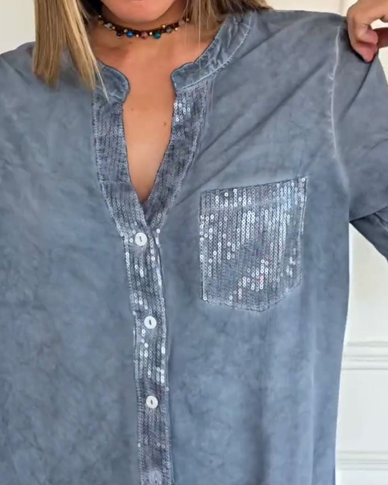 Solid Color Pocket Distressed Shirt